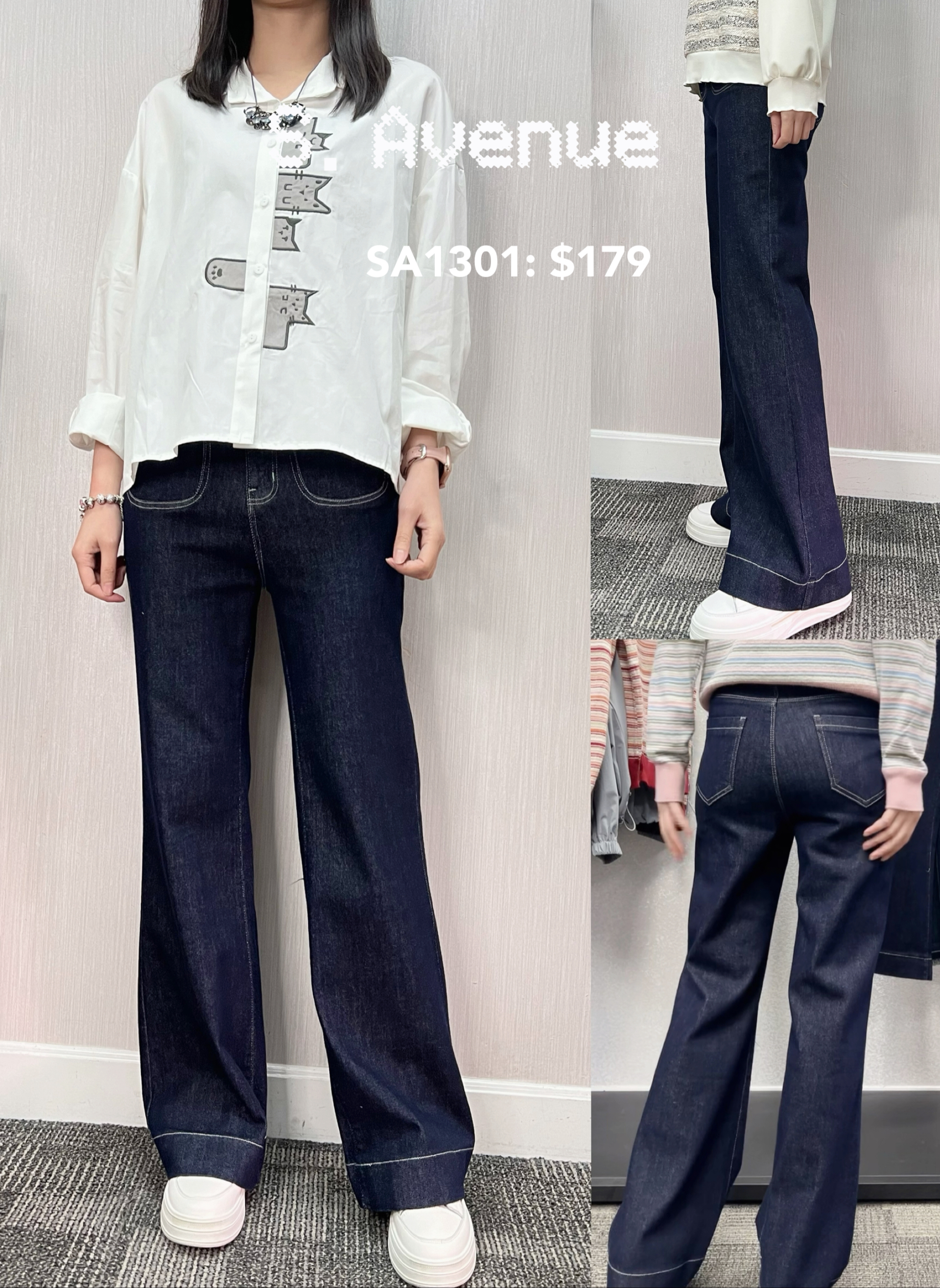 SA1301: 前有鈕有拉鍊腰內橡根前方袋顯瘦筒喇叭牛仔褲