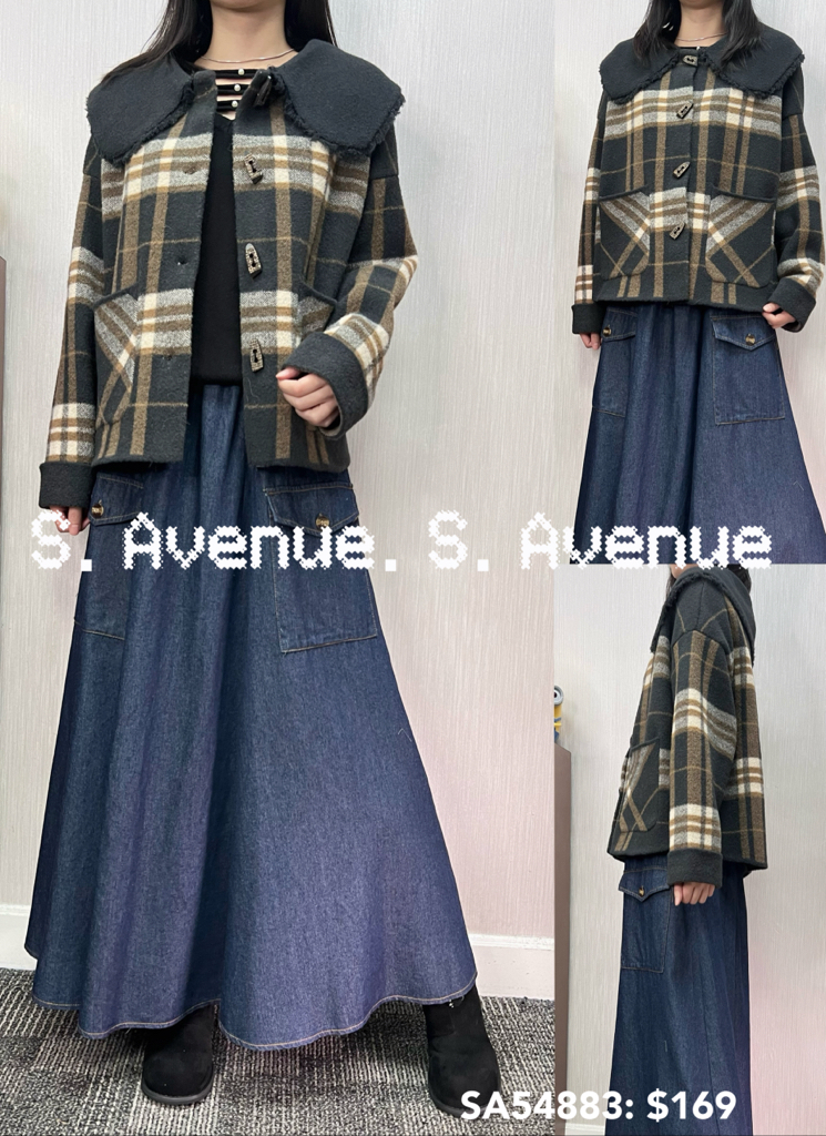 SA54883: 長袖撞色領格仔褸