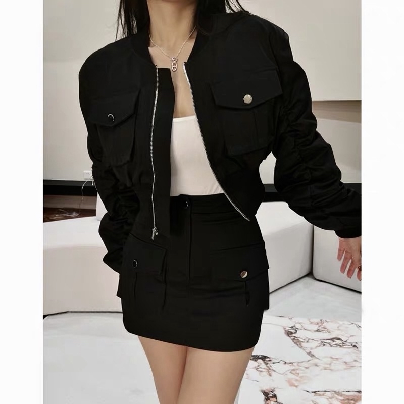 甜酷风设计感立领拉链棒球服外套女高腰显瘦A字短裙工装风两件套