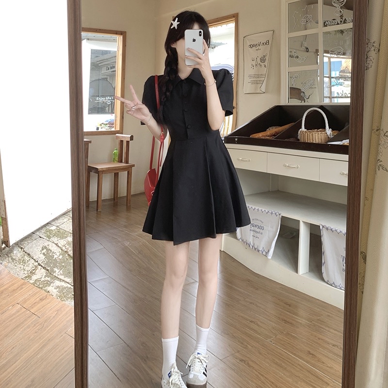 B182(365) 韩版高级感POLO翻领下摆规律百褶黑灰连身裙