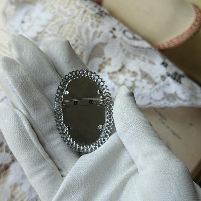 Vintage C.a. 1960s Silver Frame Forget Me Not Petit Needlepoint Brooch(MT2347)