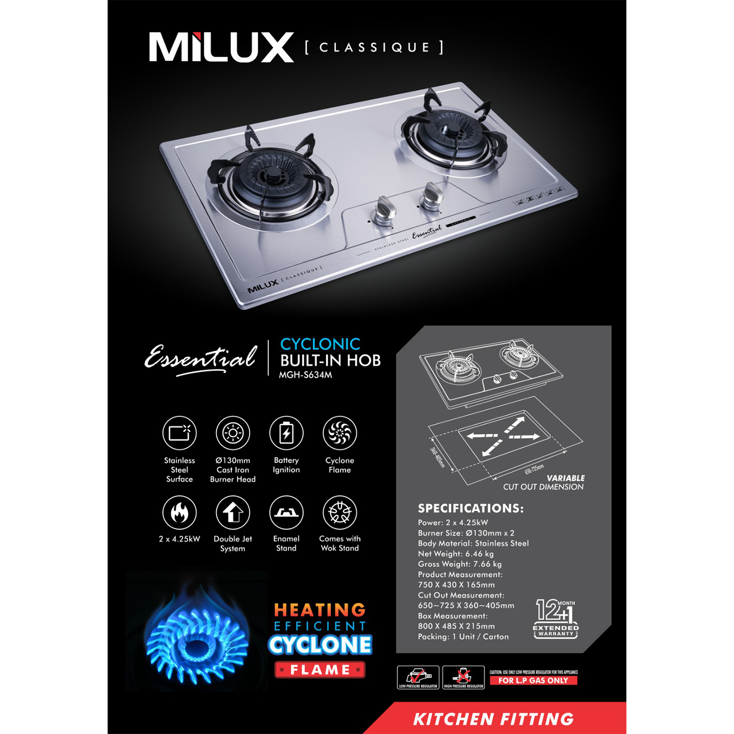 Milux 3.4kW Stainless Steel Built-in Hob (MGH-S634M)