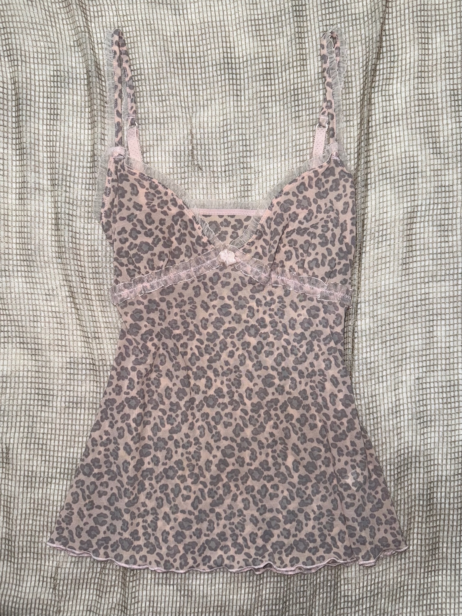 Vintage Pink Leopard Print Mesh Camisole with Lace Trim