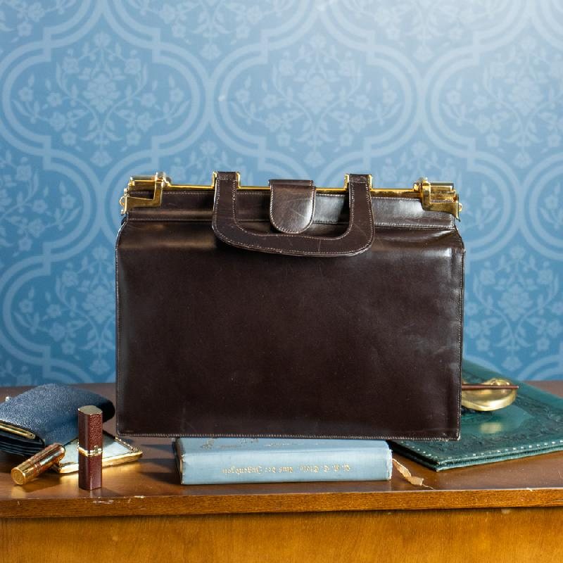 C.a. 1950-60s Chocolate Brown Golden Accent Double-Sided Large Leather Briefcase from Canada(MT664)