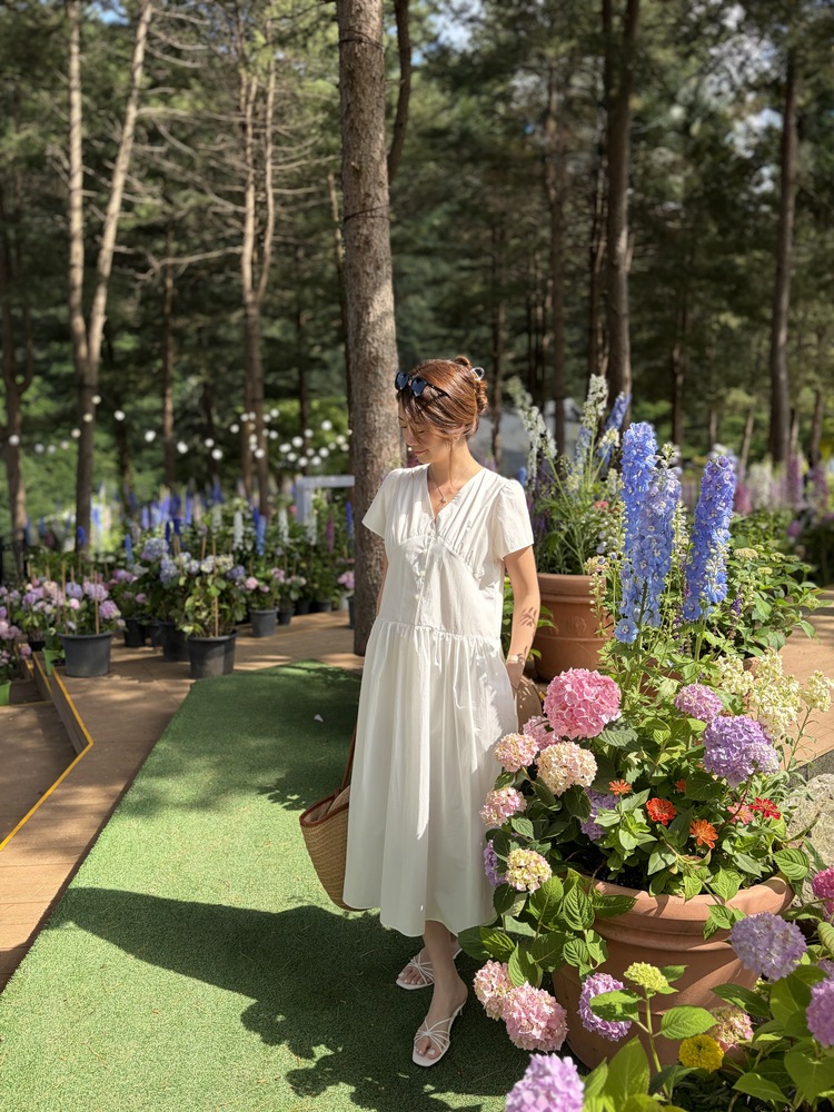Airy Button Front Long Dress (White)