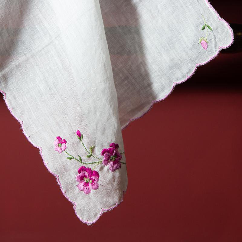 Vintage Unused Handkerchief with Pink Embroidery (EX092)