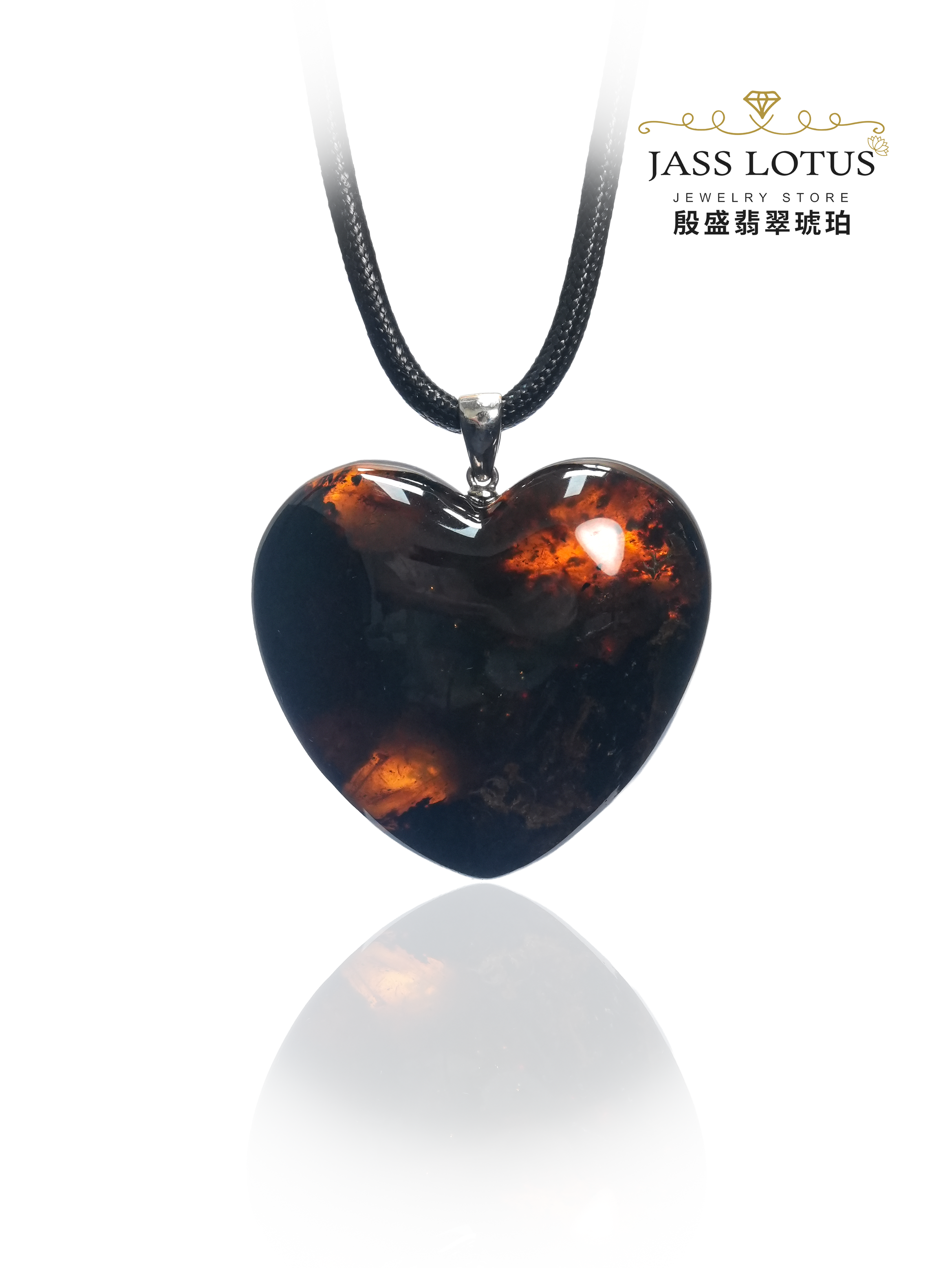 緬甸天然琥珀金底海藻溶洞珀心形吊墜
