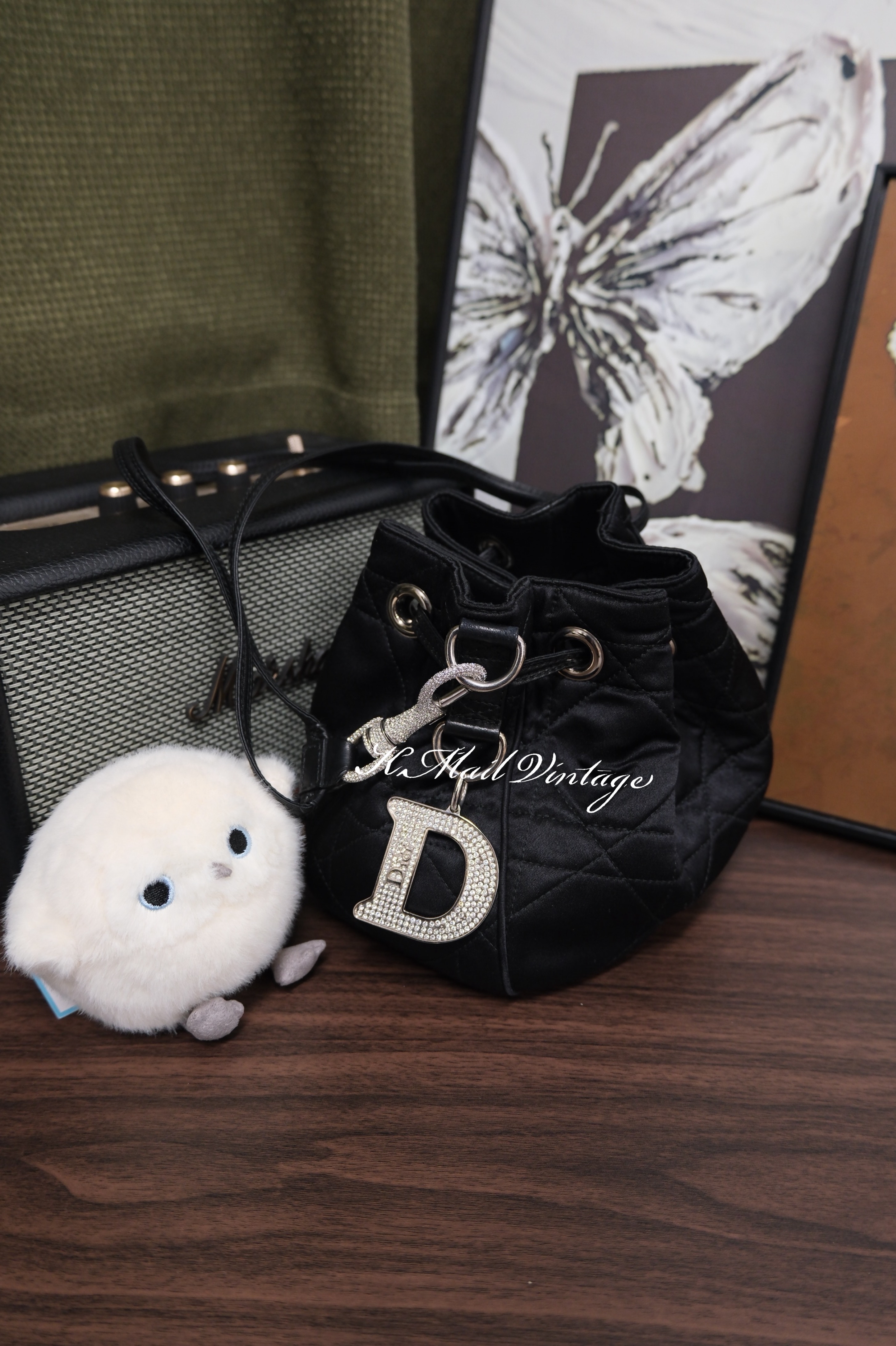 Dior Cannage silk satin x leather Hand bag Black