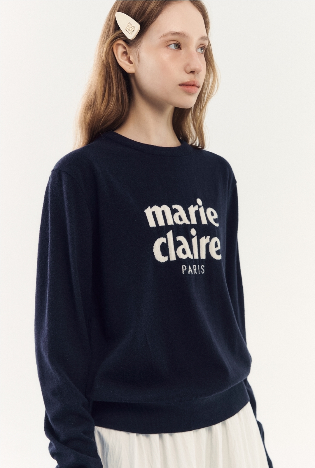 Marie Claire Essential Logo Jacquard Wool Round Knit 