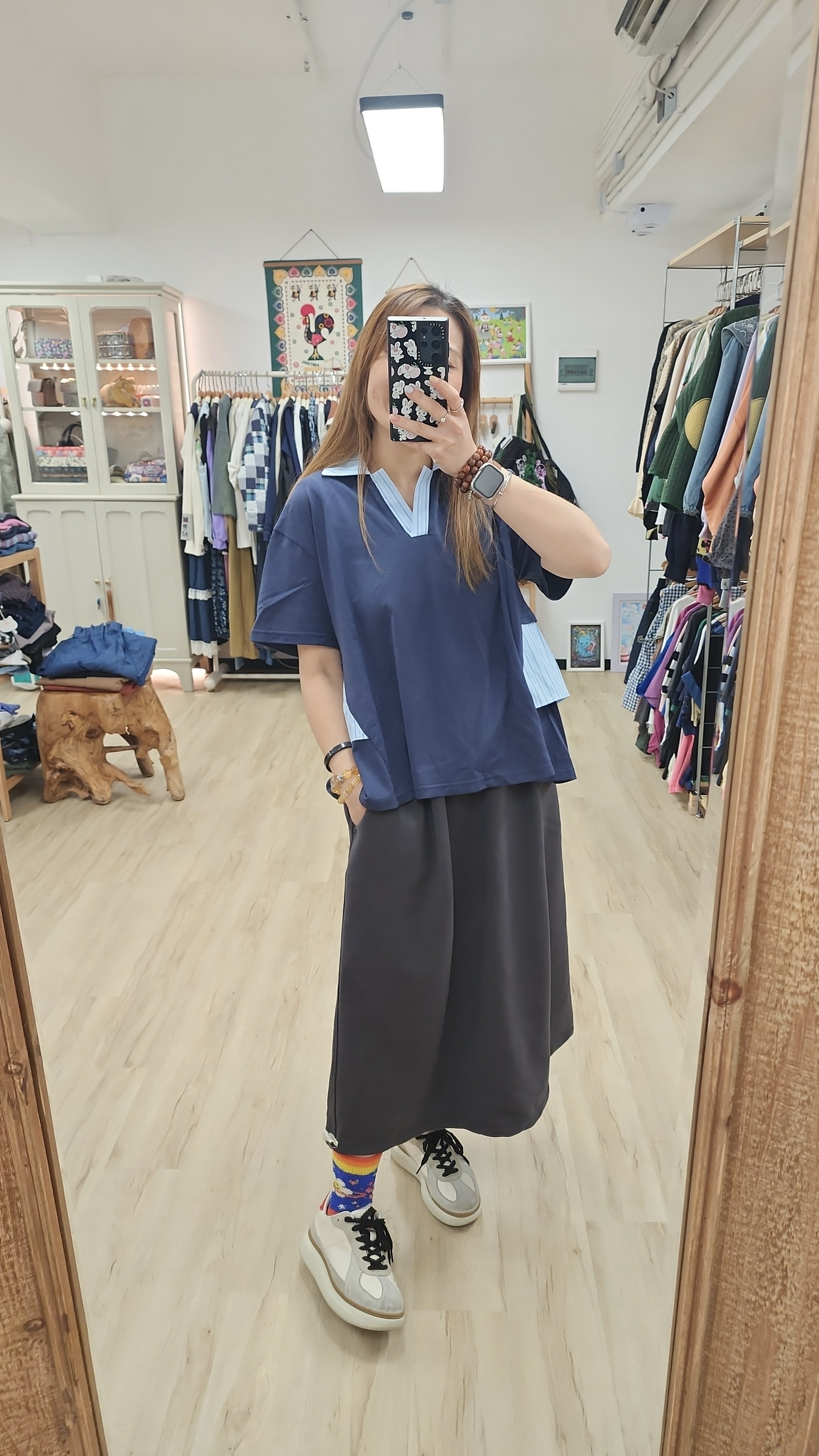 韓國深藍拼布背Ruffle Tee