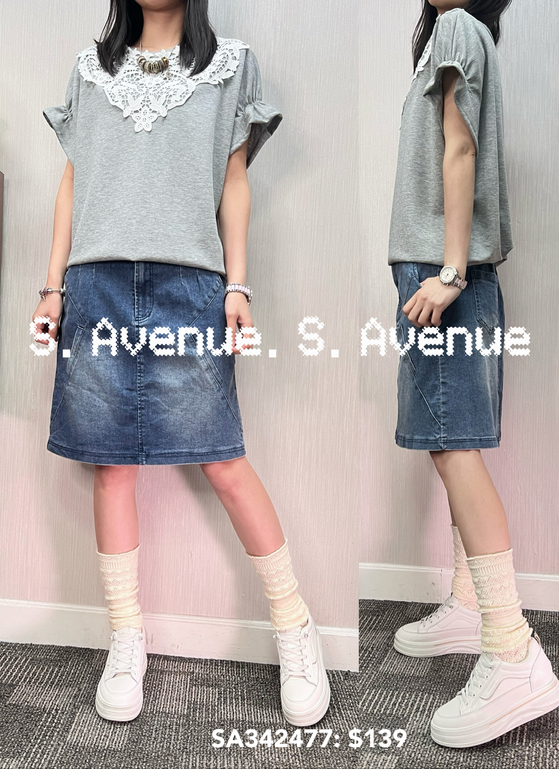 SA342477: 短袖喇叭袖領勾花top