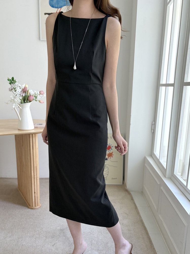 Linen Blend Twisted Strap Dress (Black)