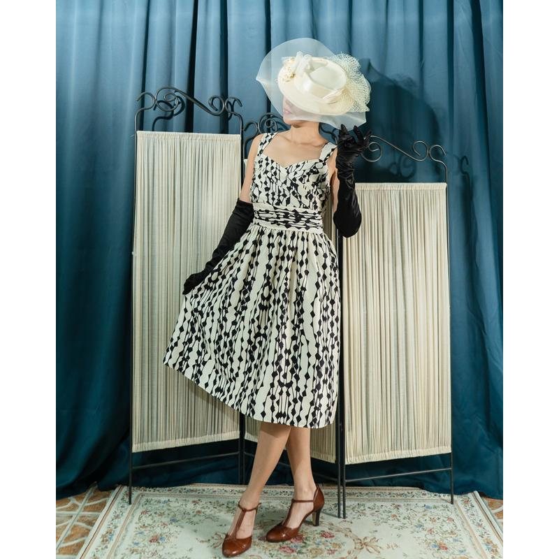 Classic 1950s Style Japanese Black Diamond Linear Pattern Sweetheart Summer Cocktail Dress (MT1608-171)
