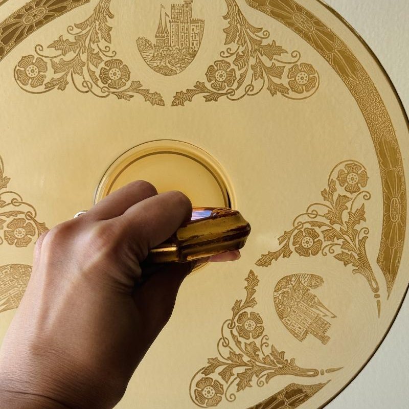 Antique 1920s Amber Glass Embossed Golden Castle and Scrollwork Pattern Large Cake Plate with Geometric Handle (MT2166)