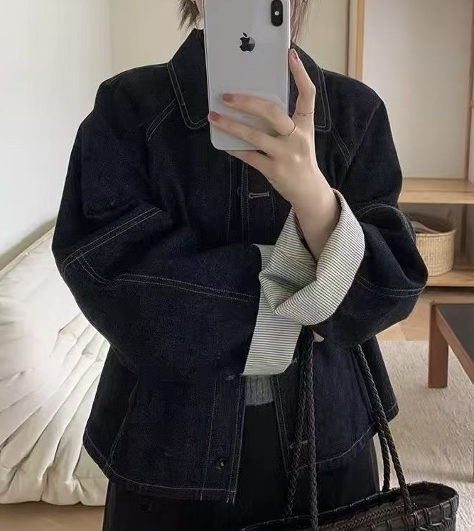 條子反袖牛仔外套 