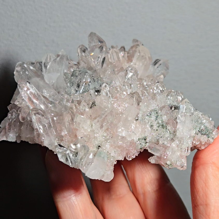 Pink Lemurian quartz cluster with green chlorite, rainbows - LQ189