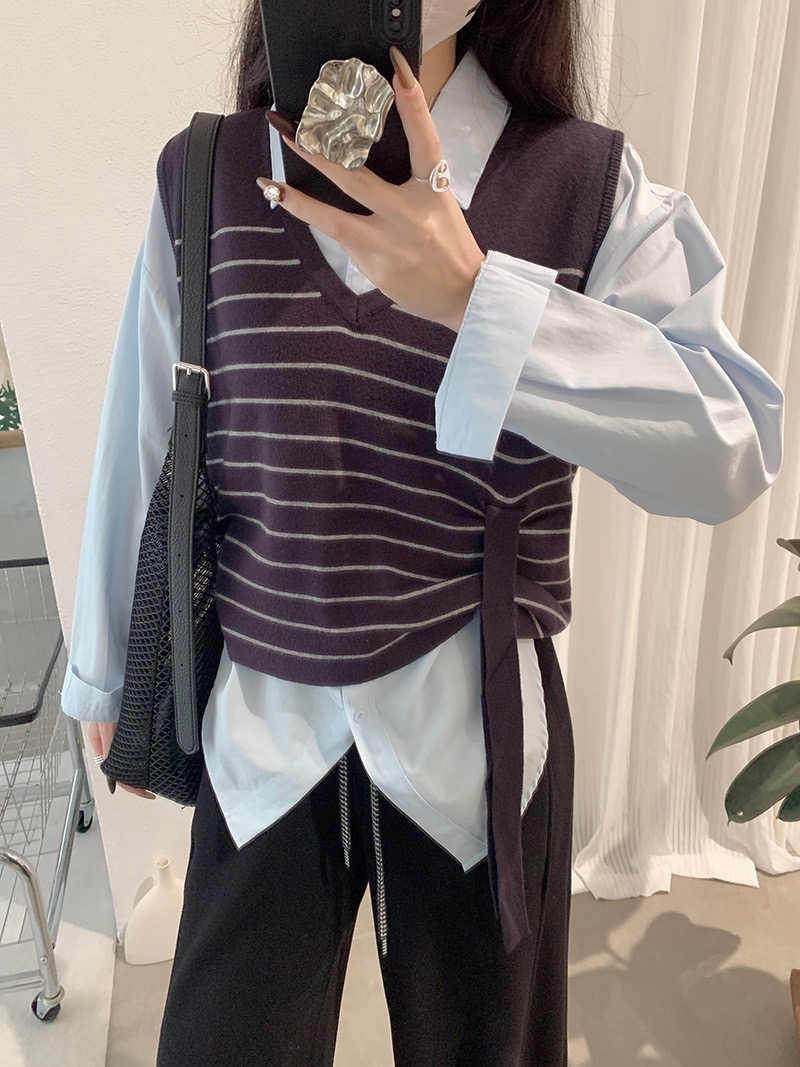 V领撞色条纹设计感宽松针织马甲