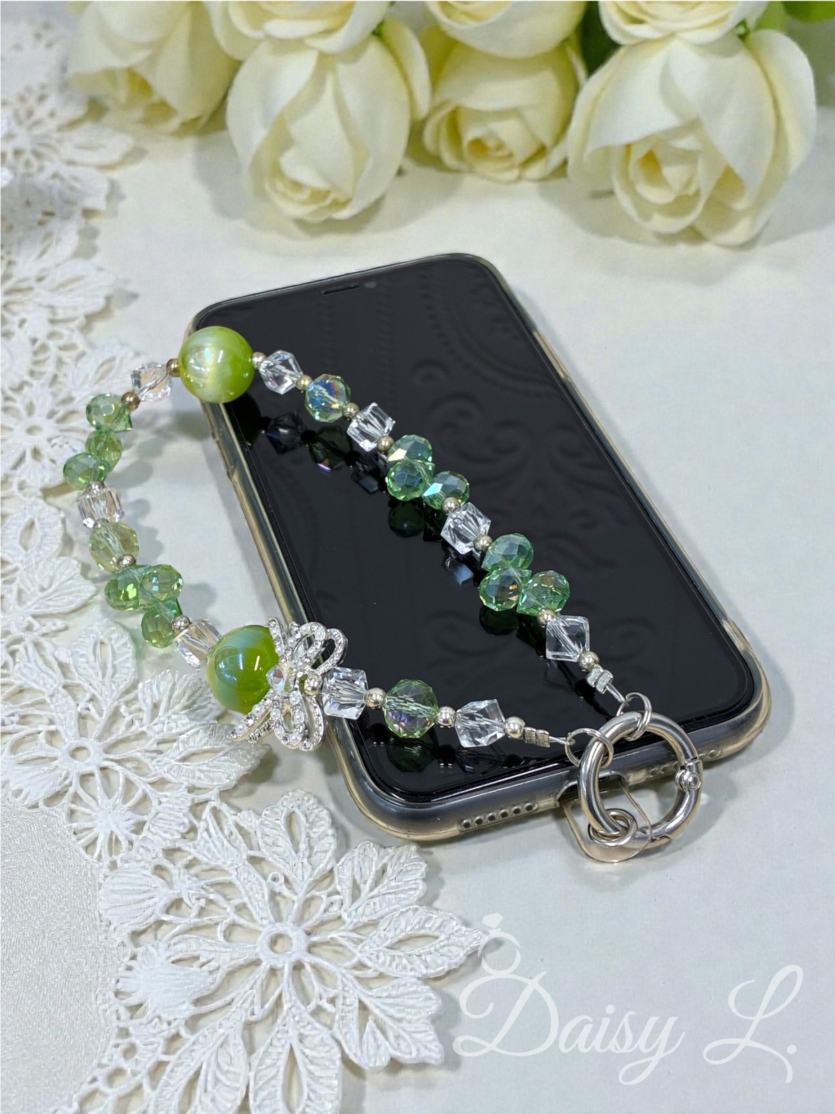 清新綠色水晶手機掛繩
