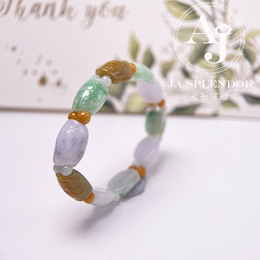 OF-06-I 天然翡翠A玉 - 冰潤三彩長壽吉祥龜貝手串(特價處理不設退換)