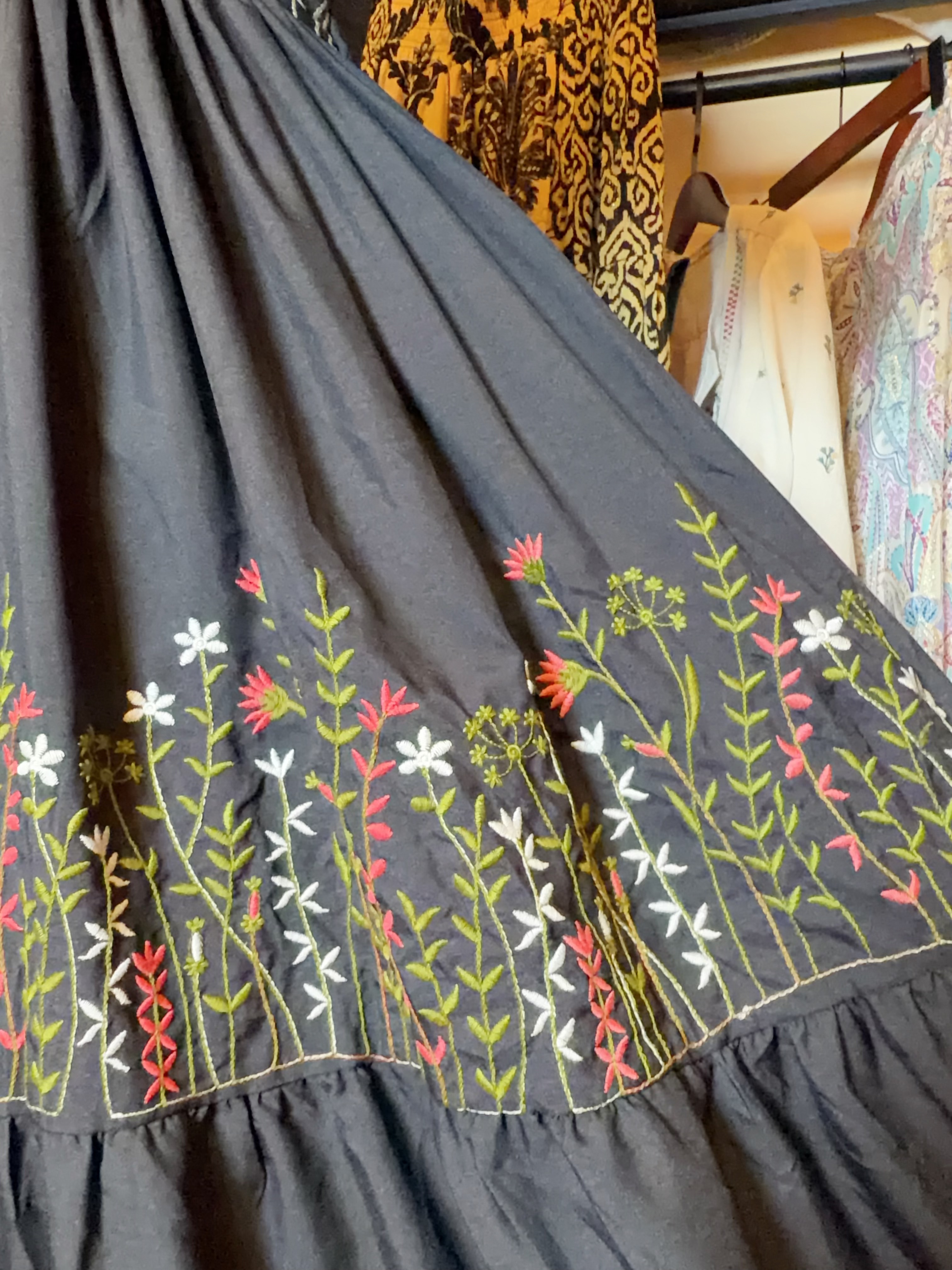 1671 Black Overlap V-Neck Floral Emb. OP 46.5"