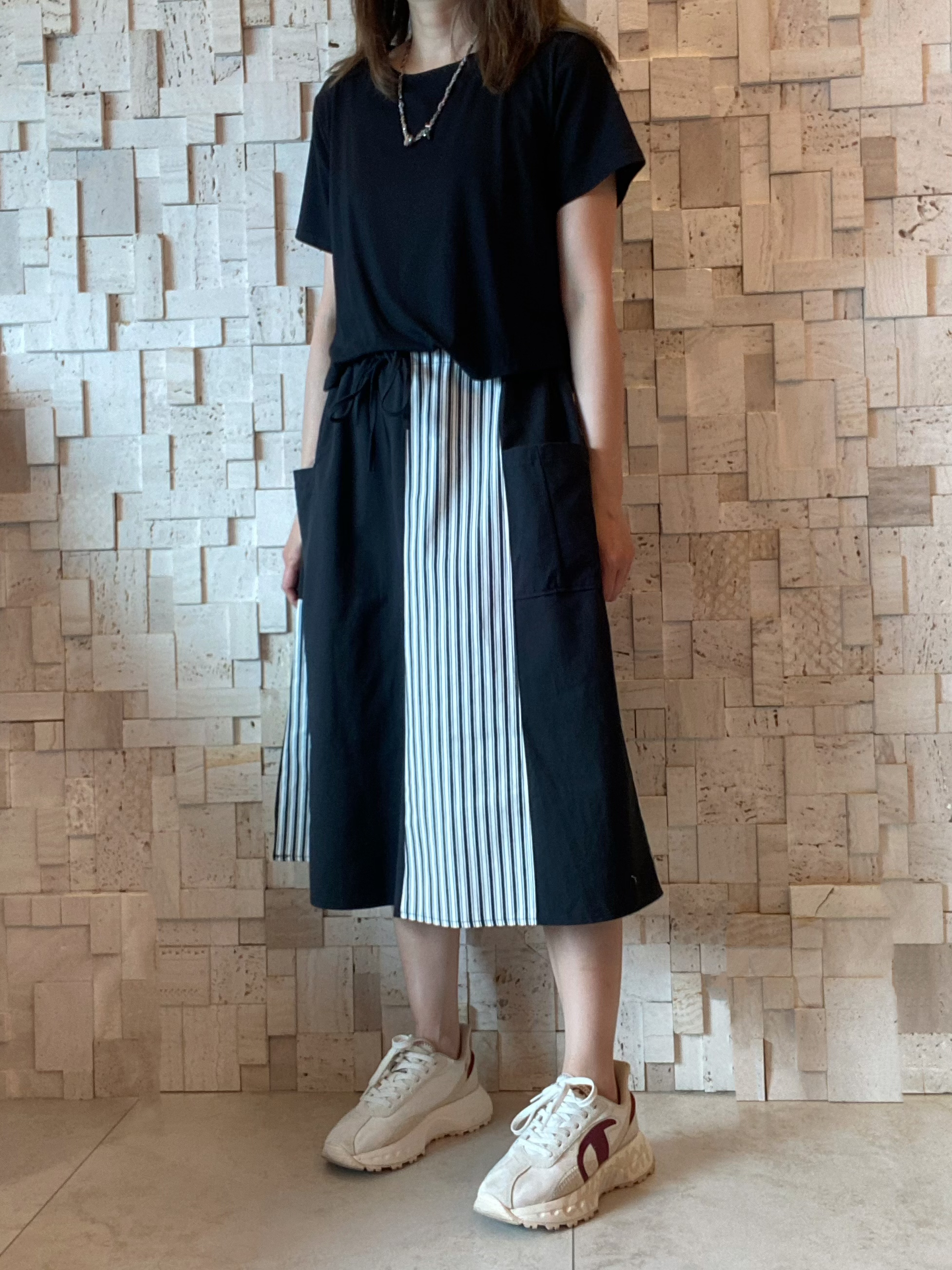 S00356 牛仔布拼條紋撞色Op