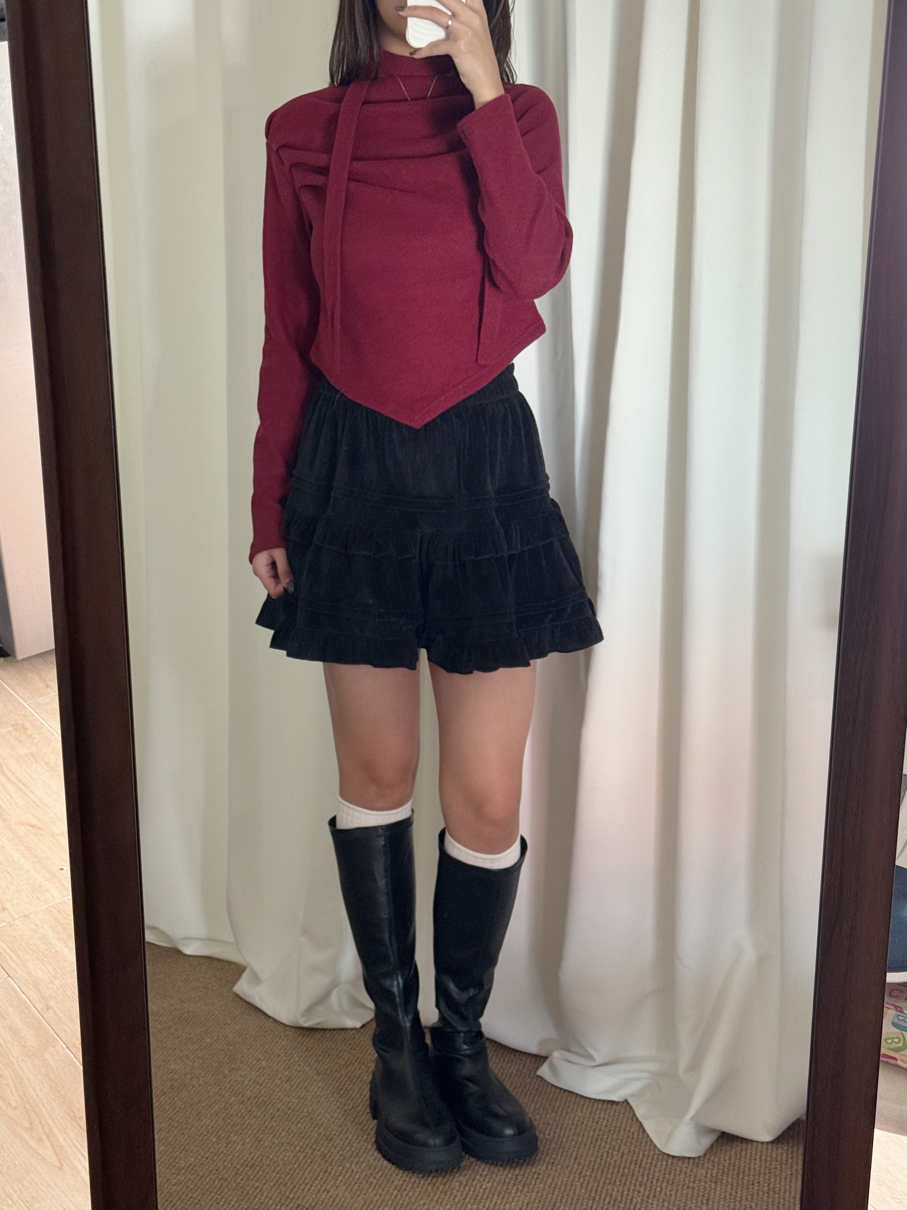 皺皺毛呢頸帶長袖上衣(四色入)