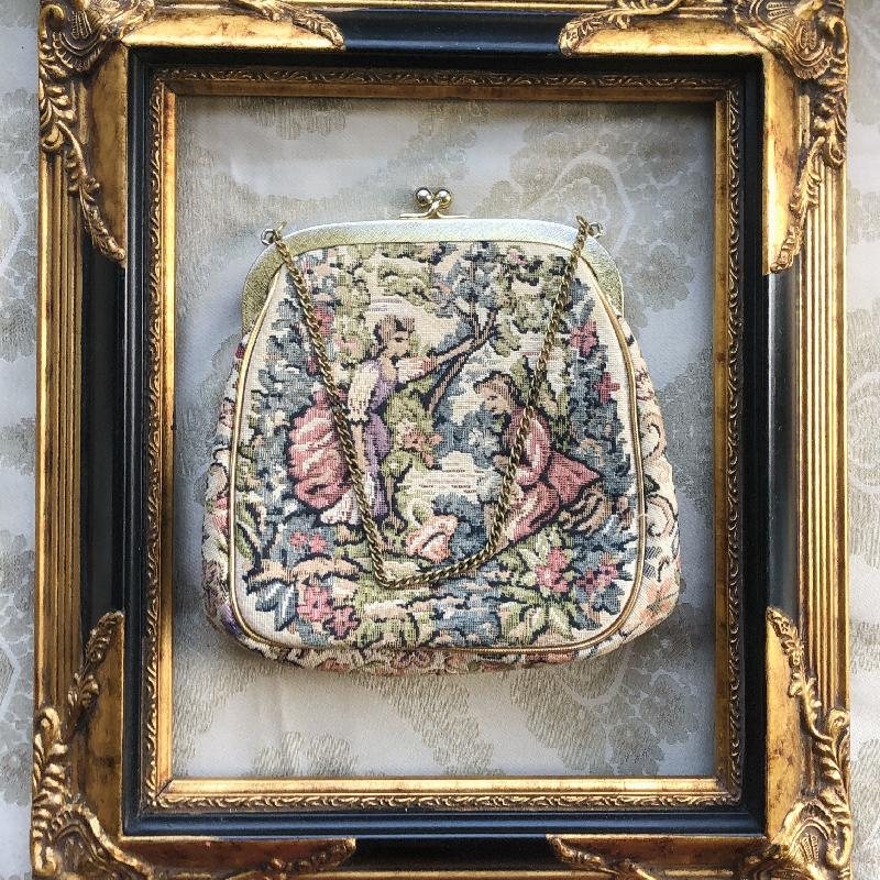 Vintage Mid-Century "Élégance Jérôme Style" Courting Couple Floral Tapestry Handbag(MT1918-2)
