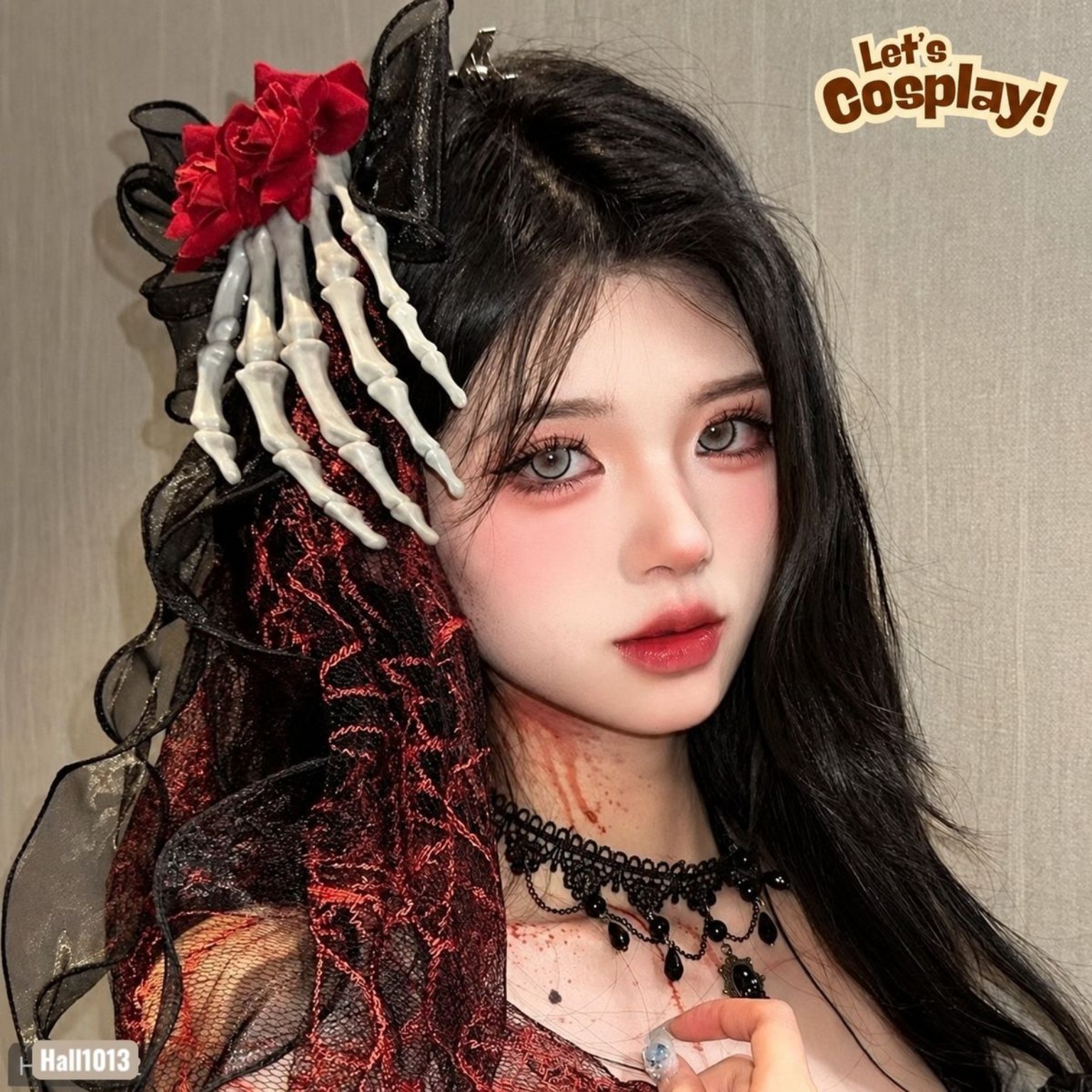 萬聖節骷髏手紅花蝴蝶結頭飾｜暗黑哥特恐怖髮飾 Halloween Hair Accessory HALL1013
