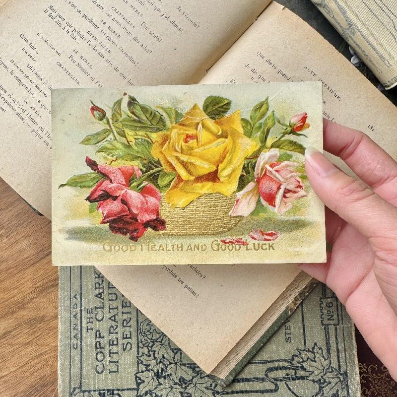 Antique Early 1900s Postcard -Rose Basket with Golden Foil (MT2305-1)