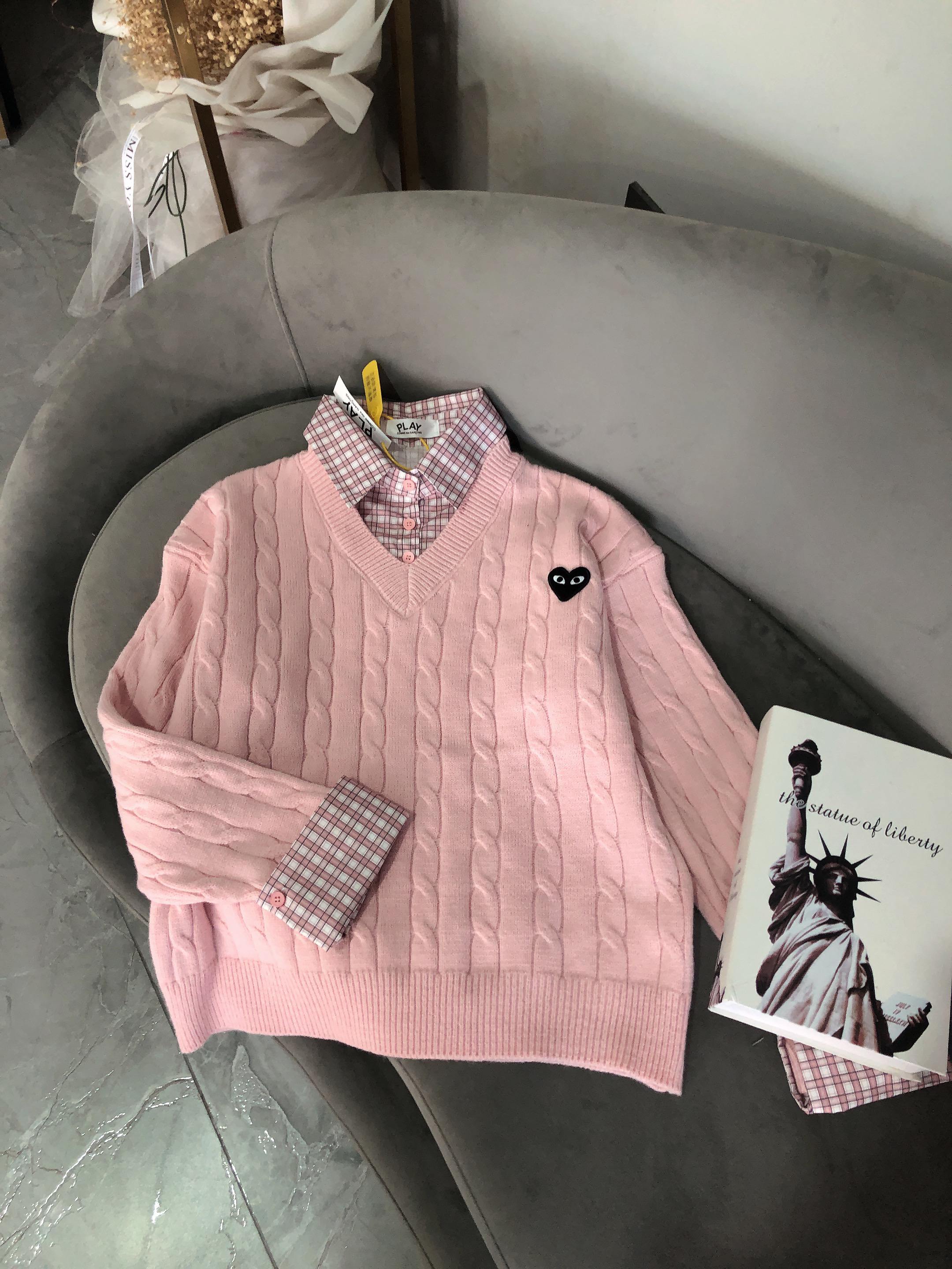 PLAY COMME des GARCONS  粉色格仔拼接假兩件冷衫