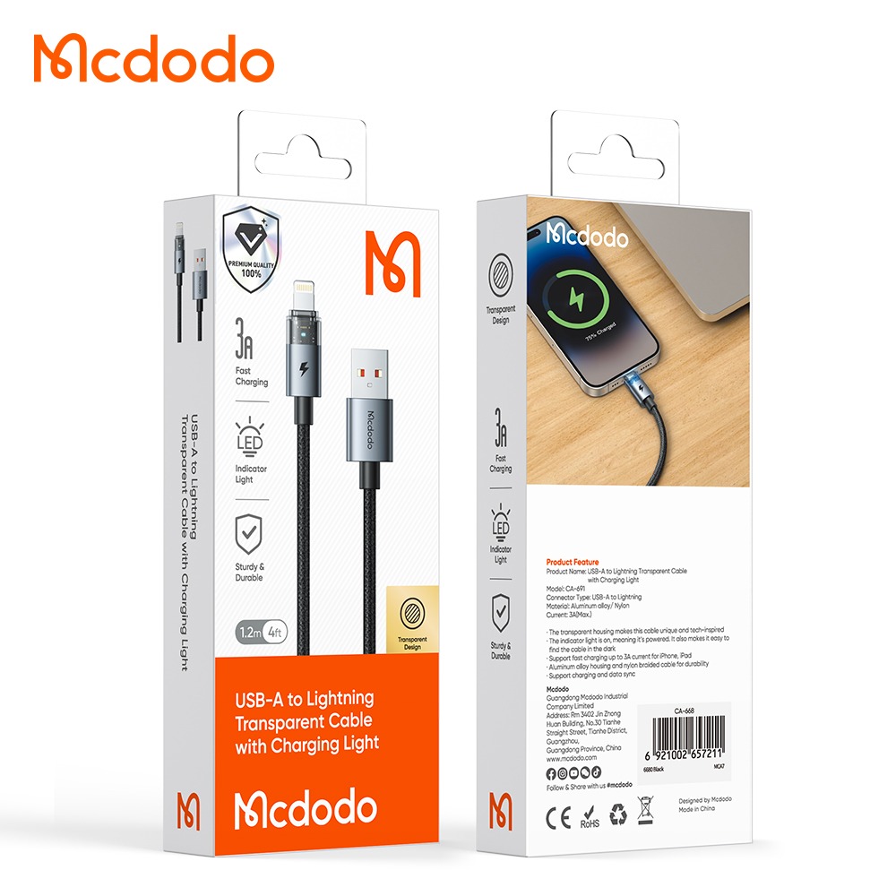 MCDODO CA6942 C TO L36W TRANSPARENT CABLE WITH CHARGING LIGHT-CABLE:C-L36W