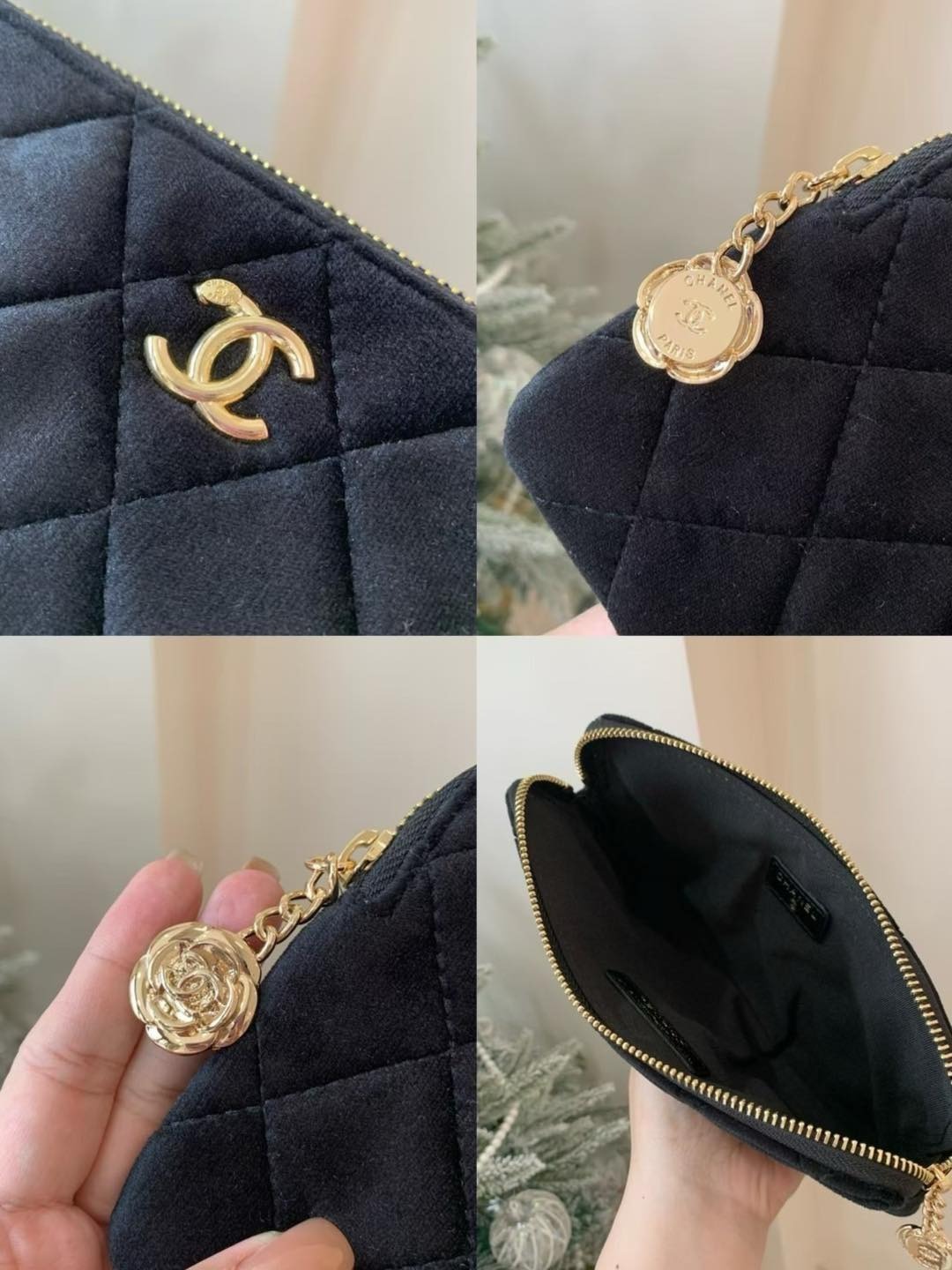 現貨剩3 CHANEL黑金絲絨山茶花吊飾生日贈禮包