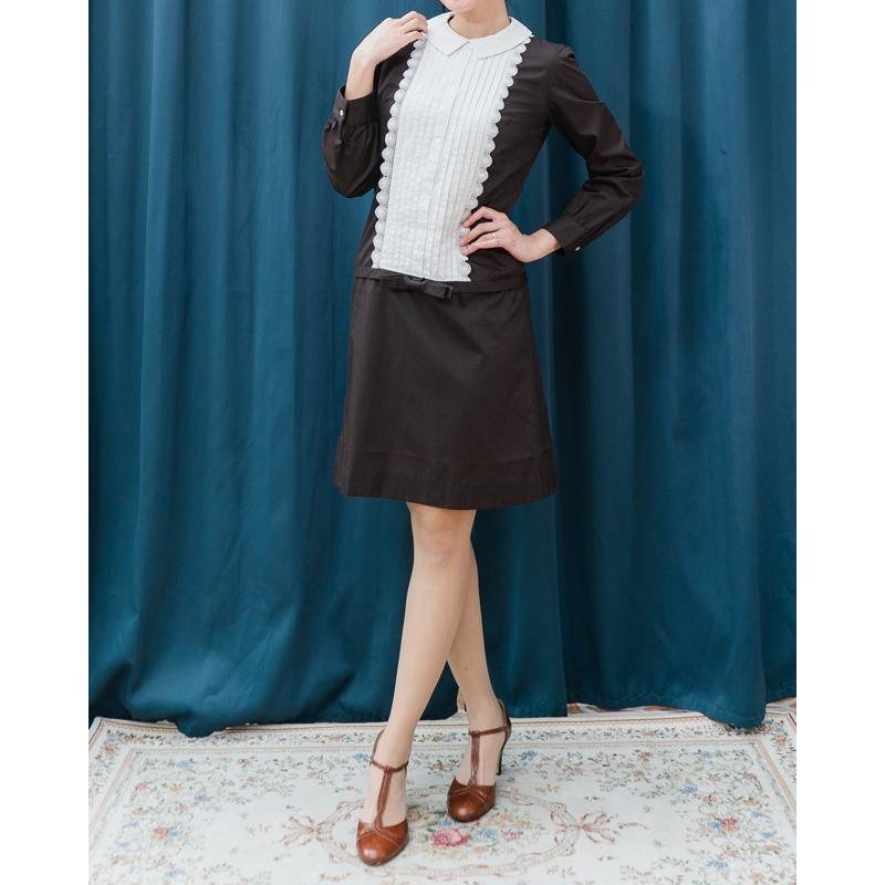 C.a. 1960s Helen Whiting Brown Low Waist Dress with White Trim (MT1504)