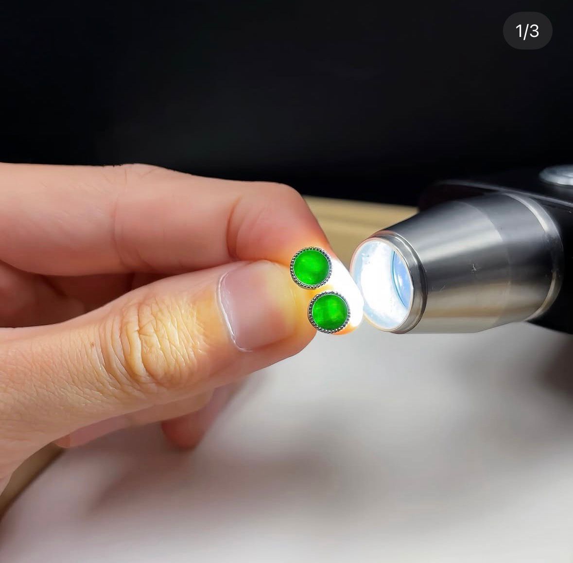 花青翡翠銀鑲耳釘