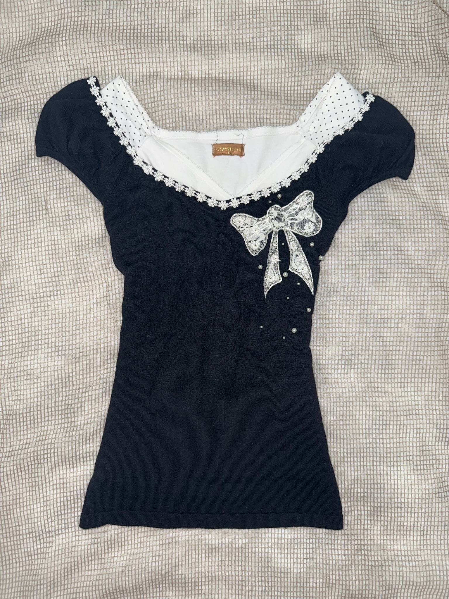 Balletcore Lace Pearl Accent Bow Knit Top