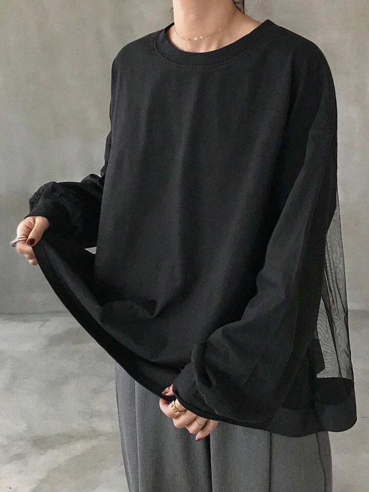 黑色寬鬆網紗拼接連衣裙