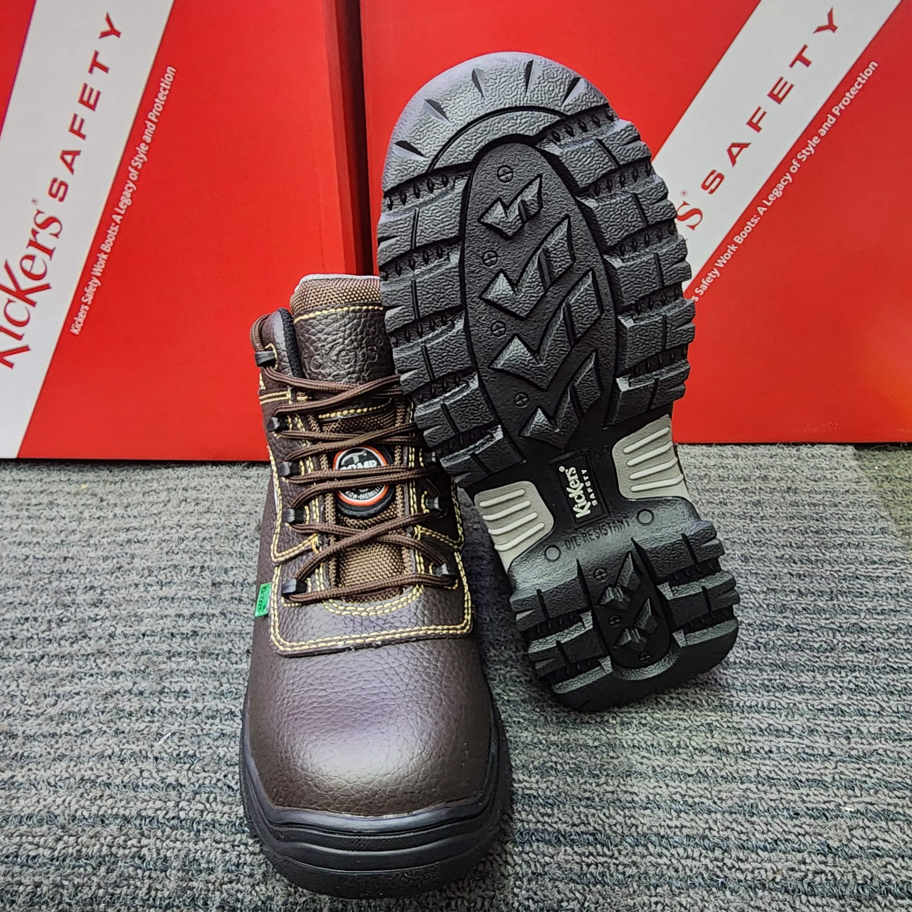 (FREE KICKERS INSOLE) KicKers Safety Shoes 1768 Mid Cut lace Up Black Brown Metal Free Rubber Sole