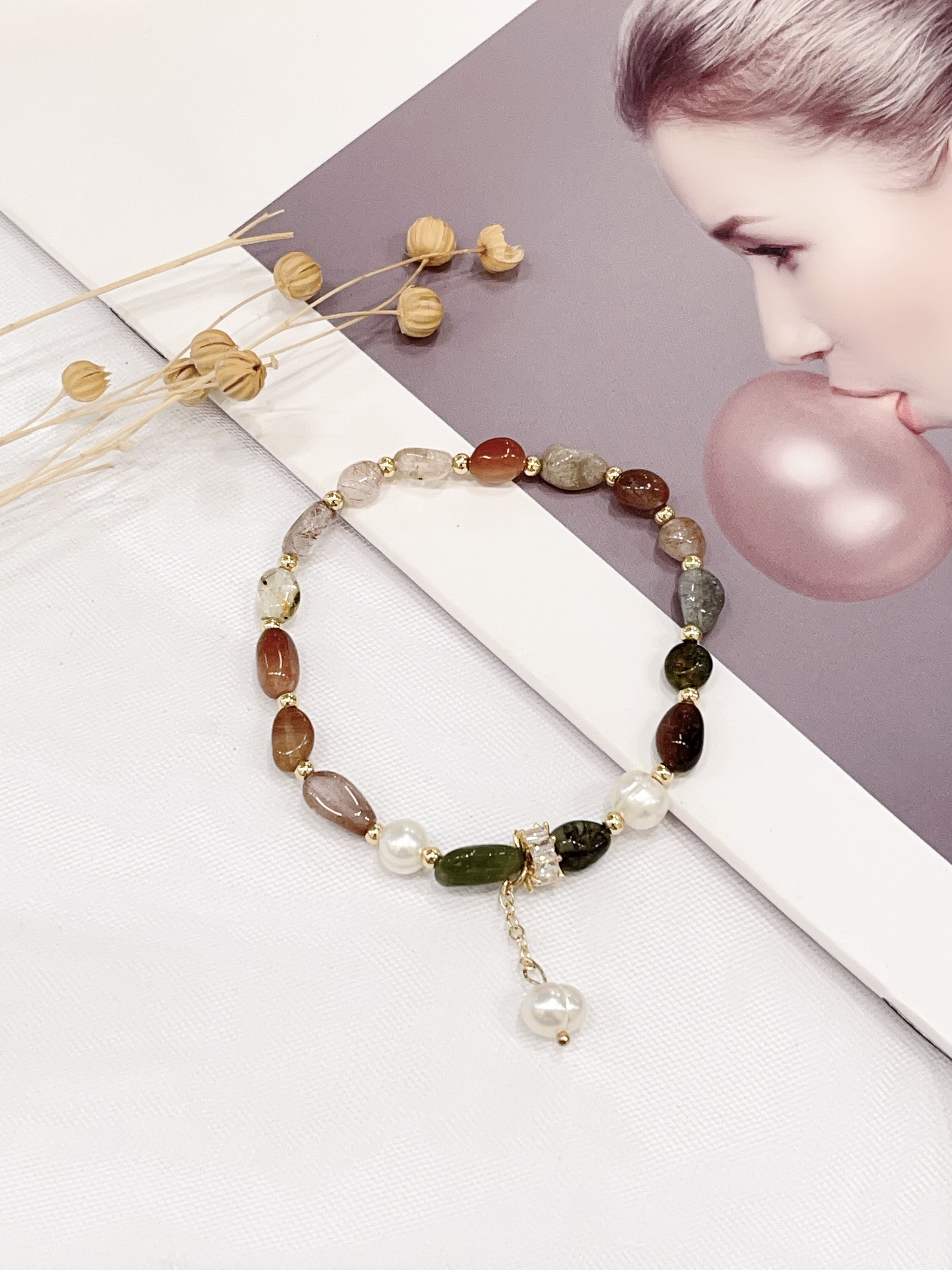 🌈 彩发晶多宝 × 珍珠手串 Multicolor Rutilated Quartz & Pearl | 5mm-6mm