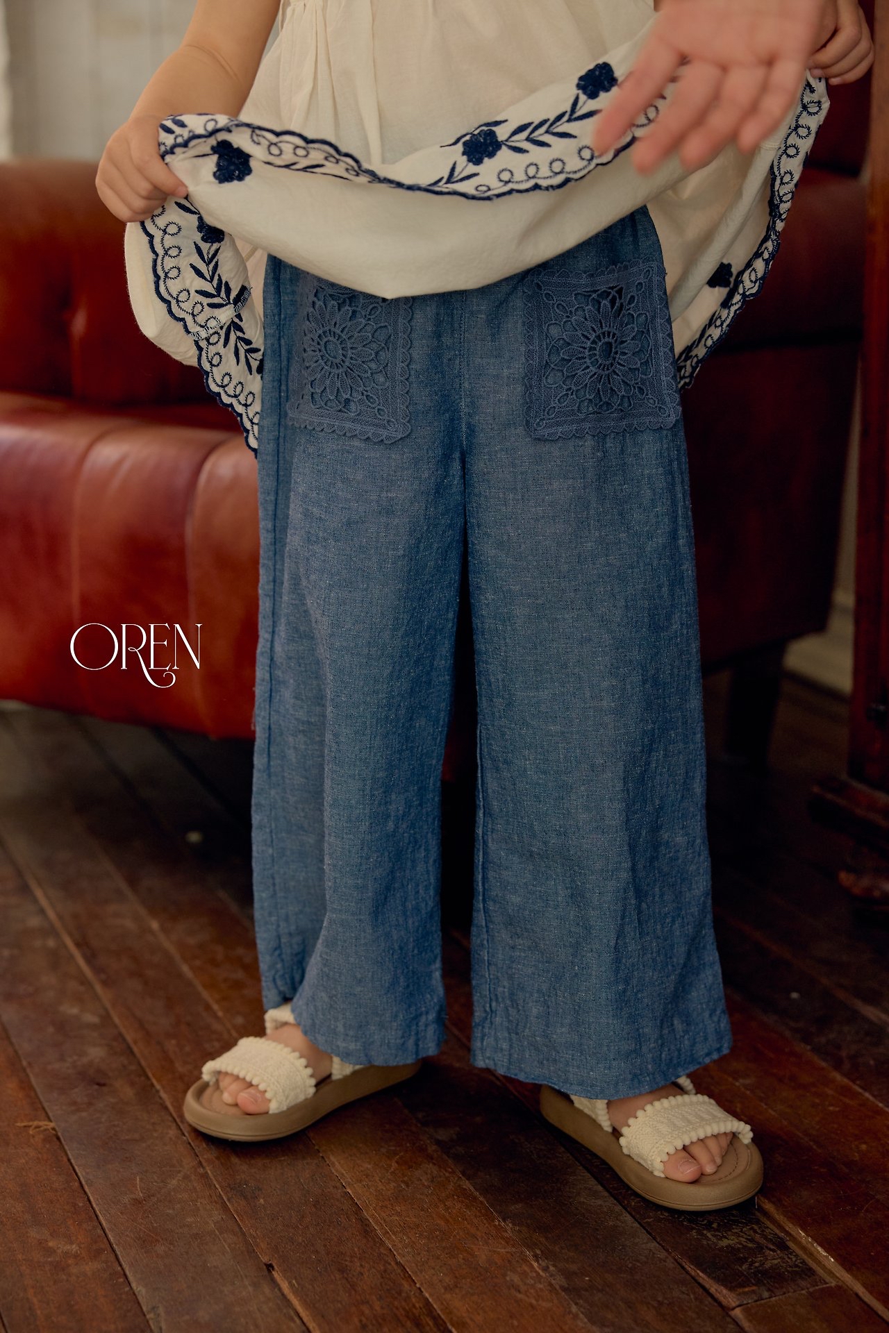 ☀️預訂 韓國直送☀️🇰🇷Oren 兩色MARE蕾絲口袋亞麻牛仔色闊褲