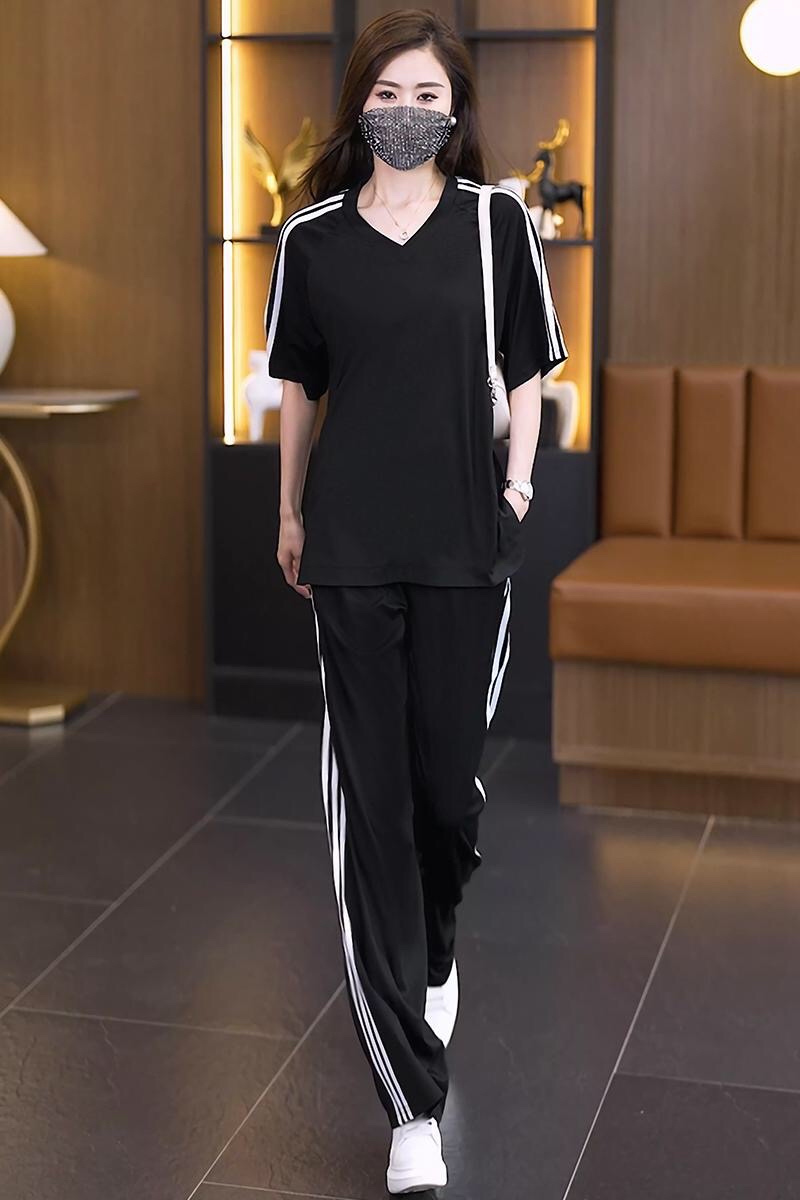 B191(2255) 韩系休闲运动风边撞色条纹上衣与长裤黑套装