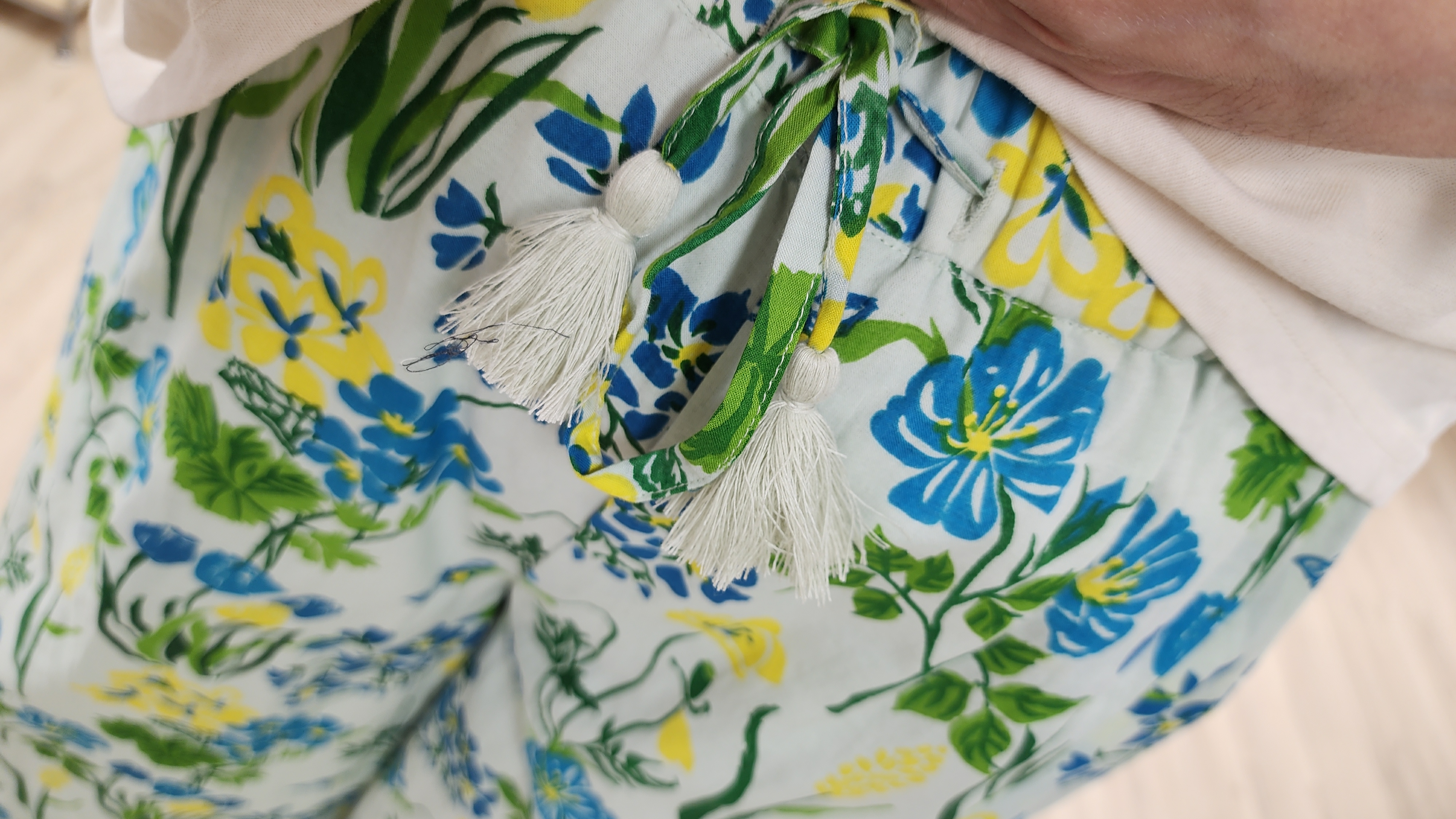 日牌粉藍花花圖案棉麻橡筋褲