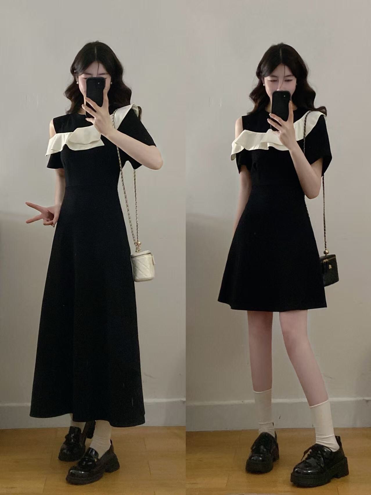 B87(1992短) 短款法式气质斜排荷叶边单边露肩黑连身裙