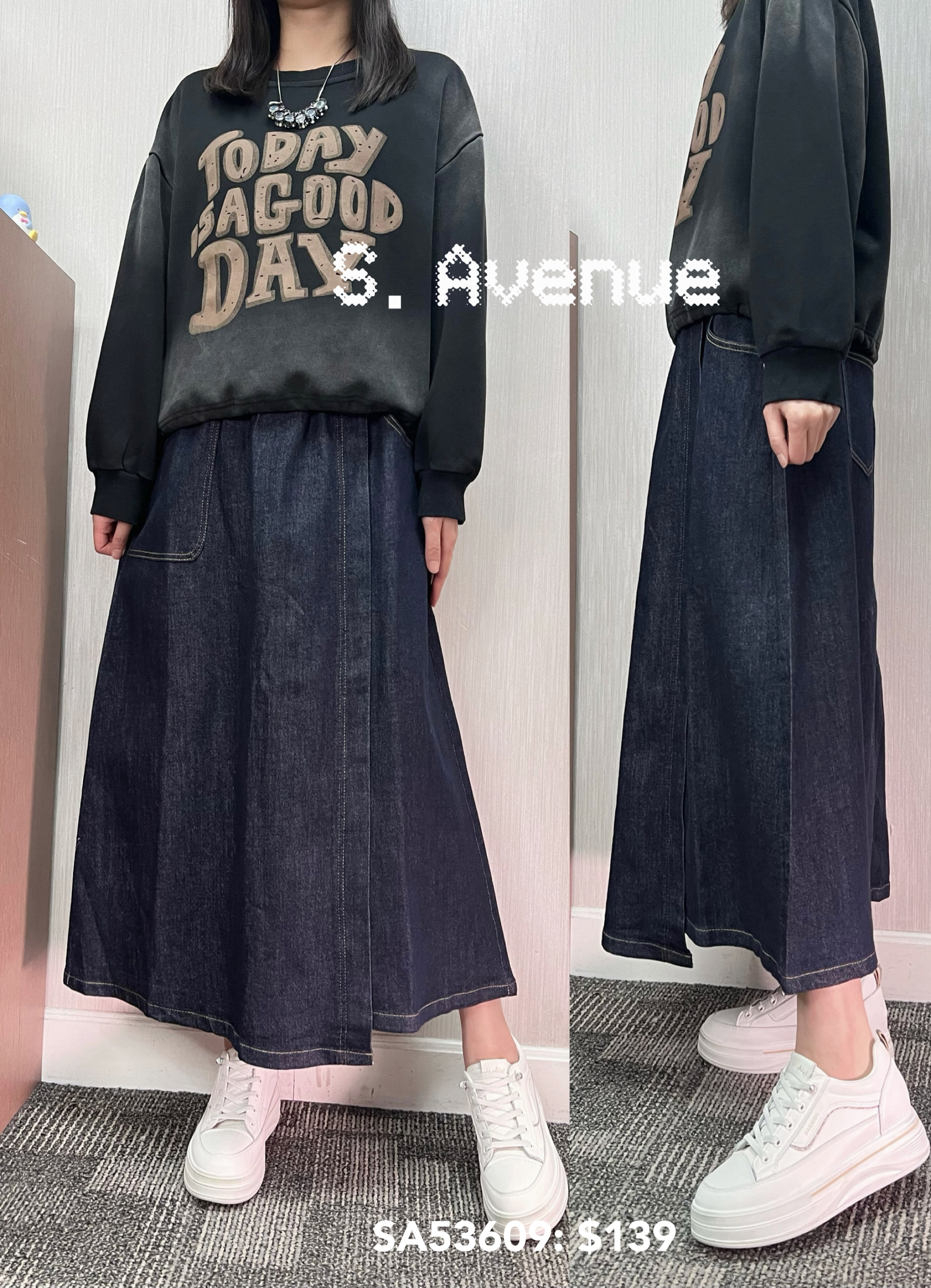 SA53609: 前側方袋不規則腳牛仔長裙