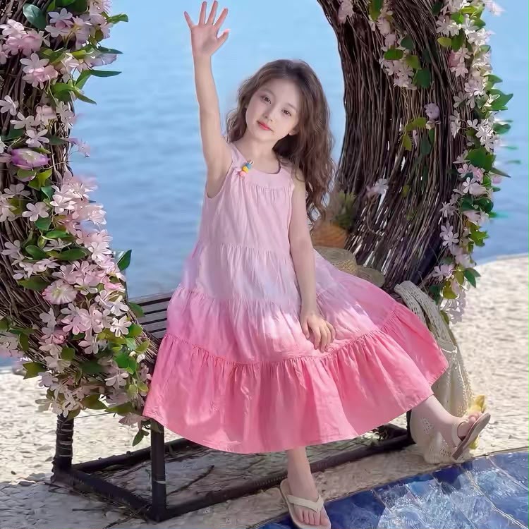 661469P | Girls Ombre Pink Tiered Sleeveless Summer Dress