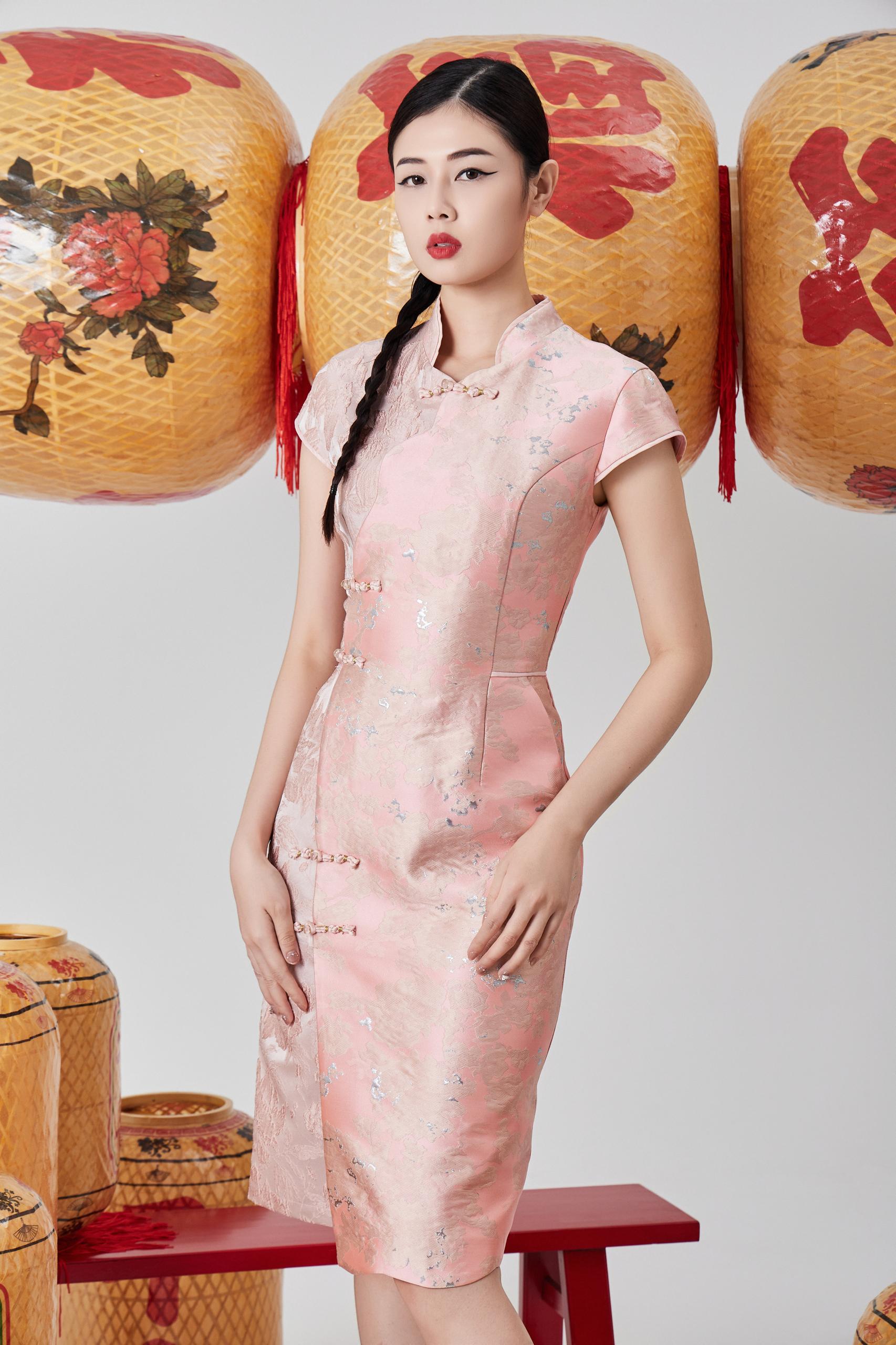 双色旗袍连身裙 粉色/蓝色2126