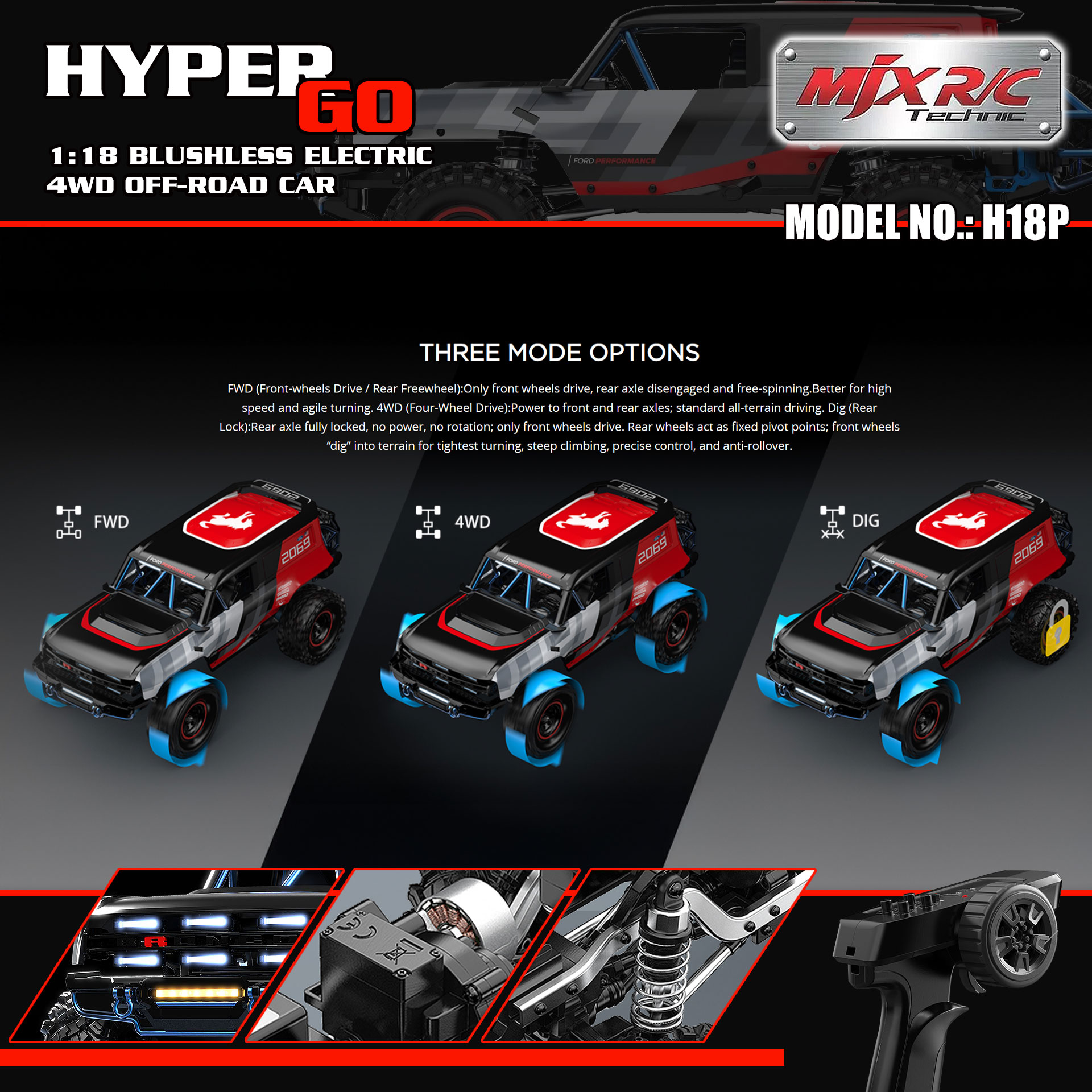 全新 美嘉欣 MJX R/C 1:18 H18P BAJA1000 Ford Bronco R 無刷攀爬車 | 福特授權車殼 | 無刷攀爬車 | 1606 4200KV 無刷馬達 |  DIG 坦克掉頭 | 精美硬殼