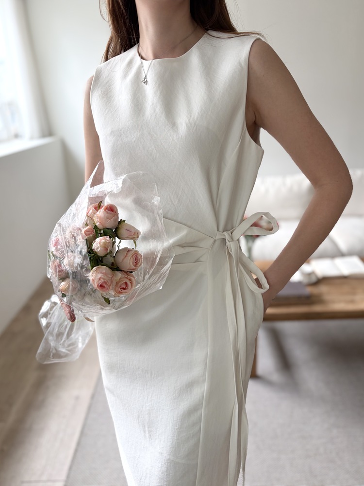 Gathered Waist Tie Dress (Ivory)