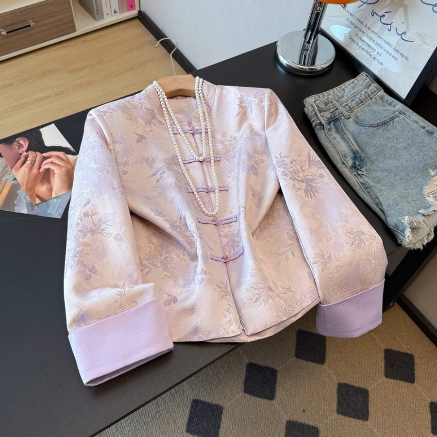 B55(9933) 新中式东方古韵蝴蝶花叶提花卷边袖紫外套上衣