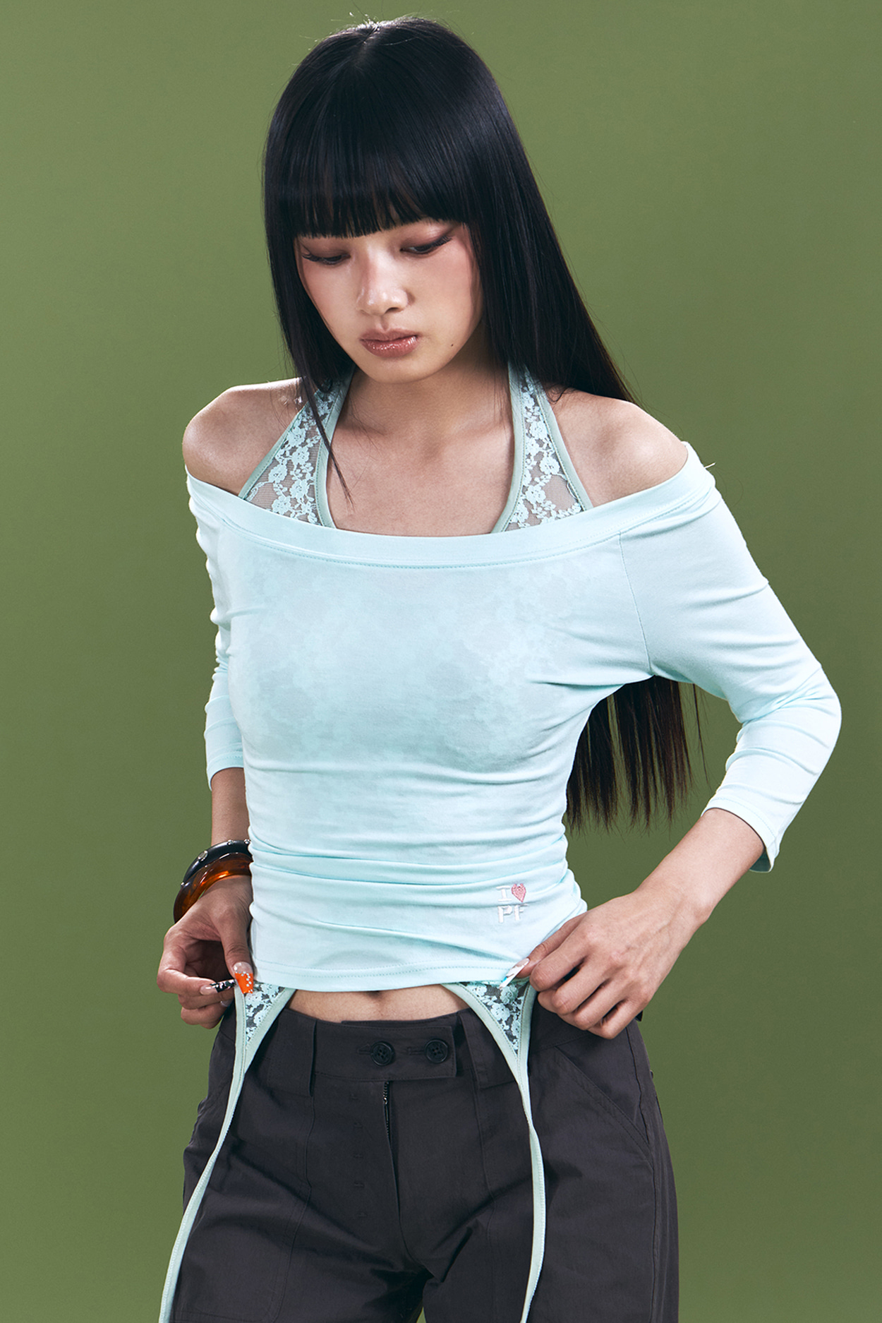 pleaseNOFOLLOW - Zed Off-Shoulder Long Sleeve Top (Mint)