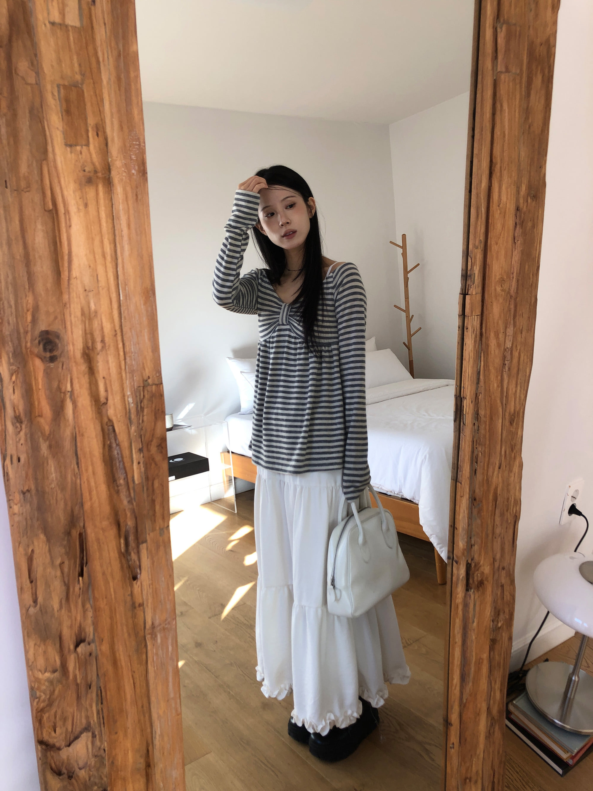 Striped Bow Ruched Long Sleeve